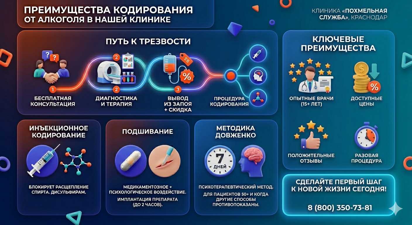 Инфографика о методах кодирования от алкоголя в Староалейском: инъекции, подшивание, метод Довженко. Преимущества клиники и этапы лечения.